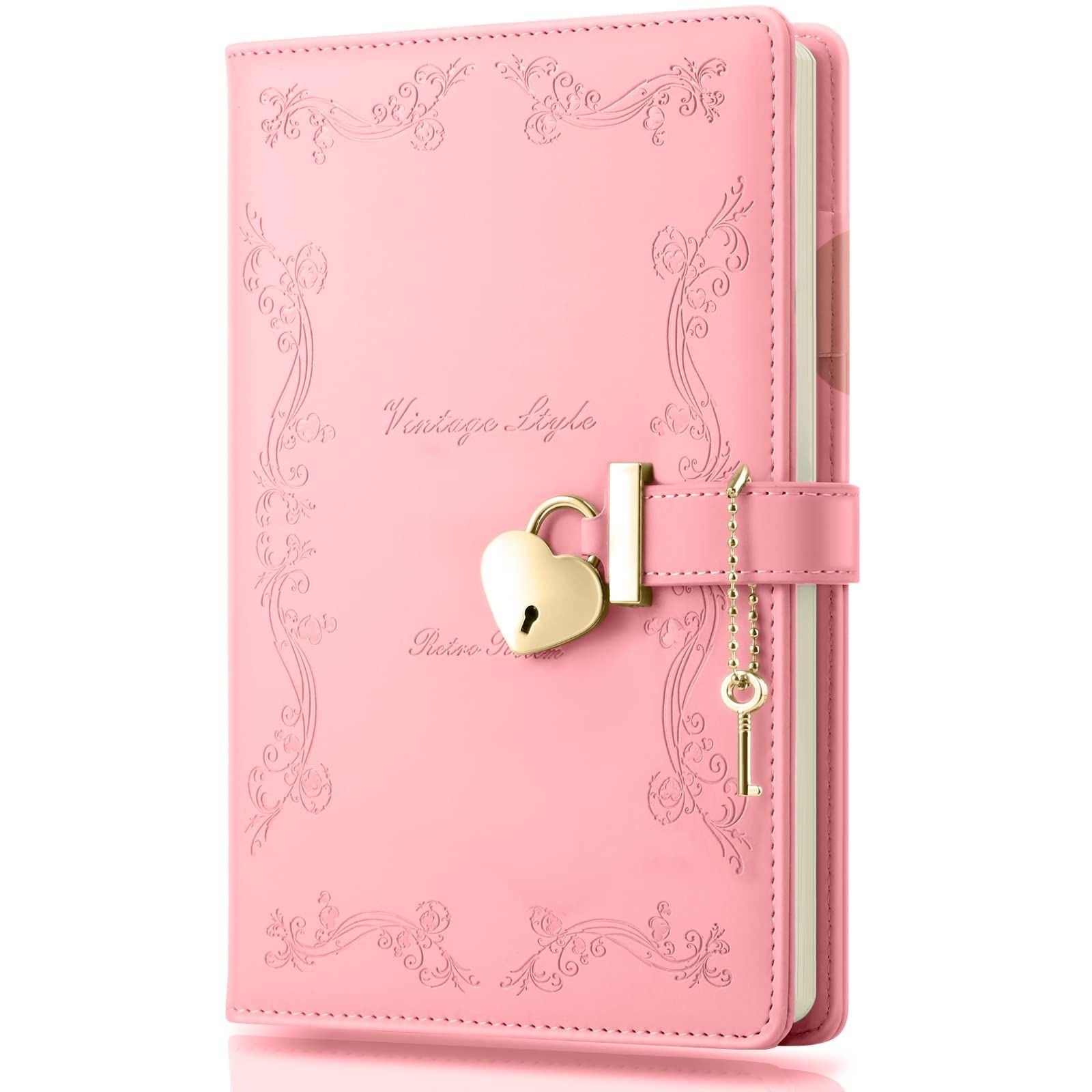 Girls Diary with Lock and Key, Cute Heart Shaped Lock Journal for Women, Refillable Leather Notebook Gift for Teen Girls - Pink