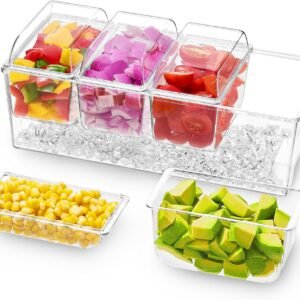 Taco Bar Serving Set for Party with 4 x 20 oz Containers, Ice Chilled Condiment Caddy Organizer, Garnish Serving Tray Platter for Mimosa Bar Accessories, Fruit, Salad, Food
