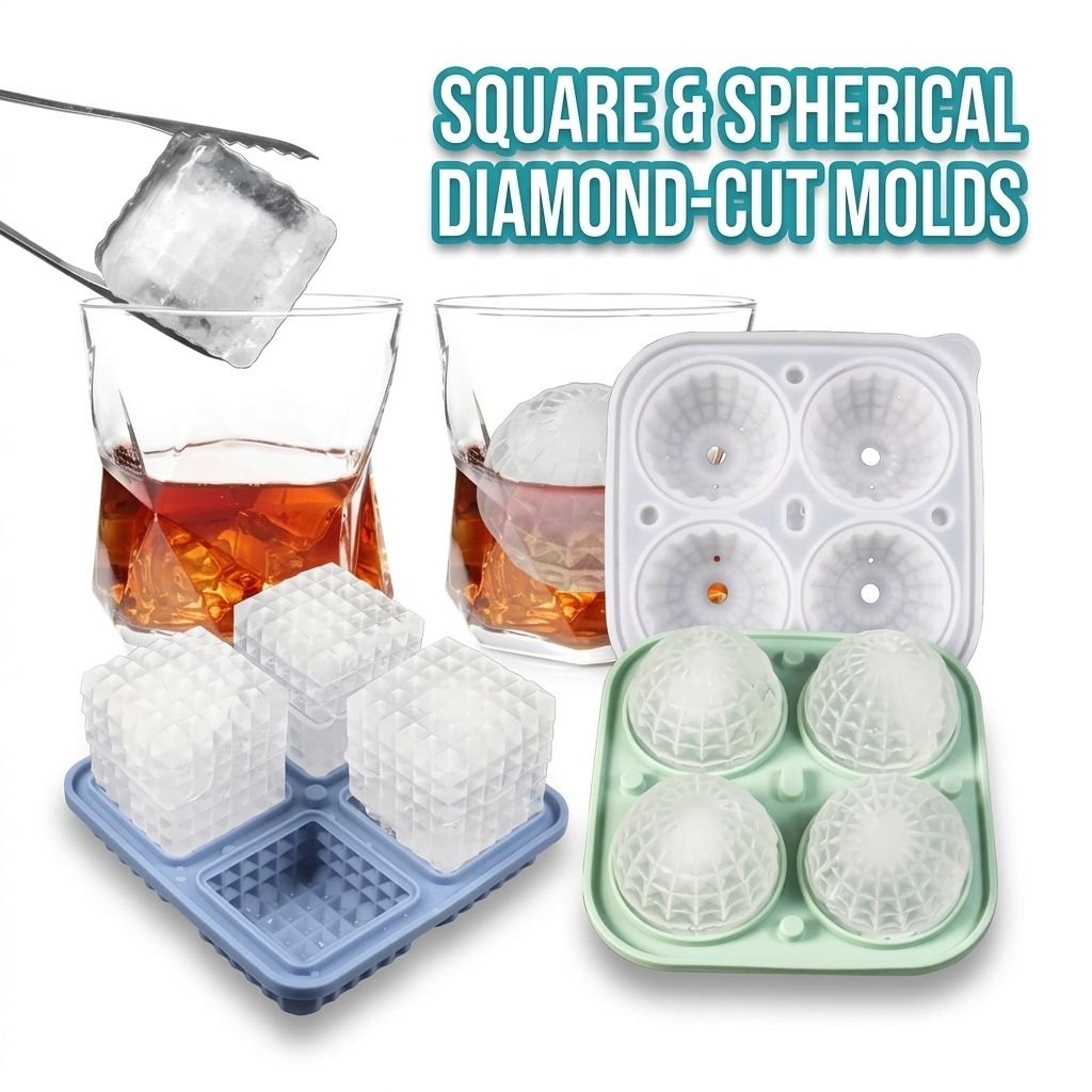 Diamond Facet Silicone Ice Cube Tray with Funnel Lid – Set of Square & Sphere Molds for Whiskey, Cocktails, and Chilled Beverages, BPA-Free Flexible Mold for Home Bar, Kitchen, and