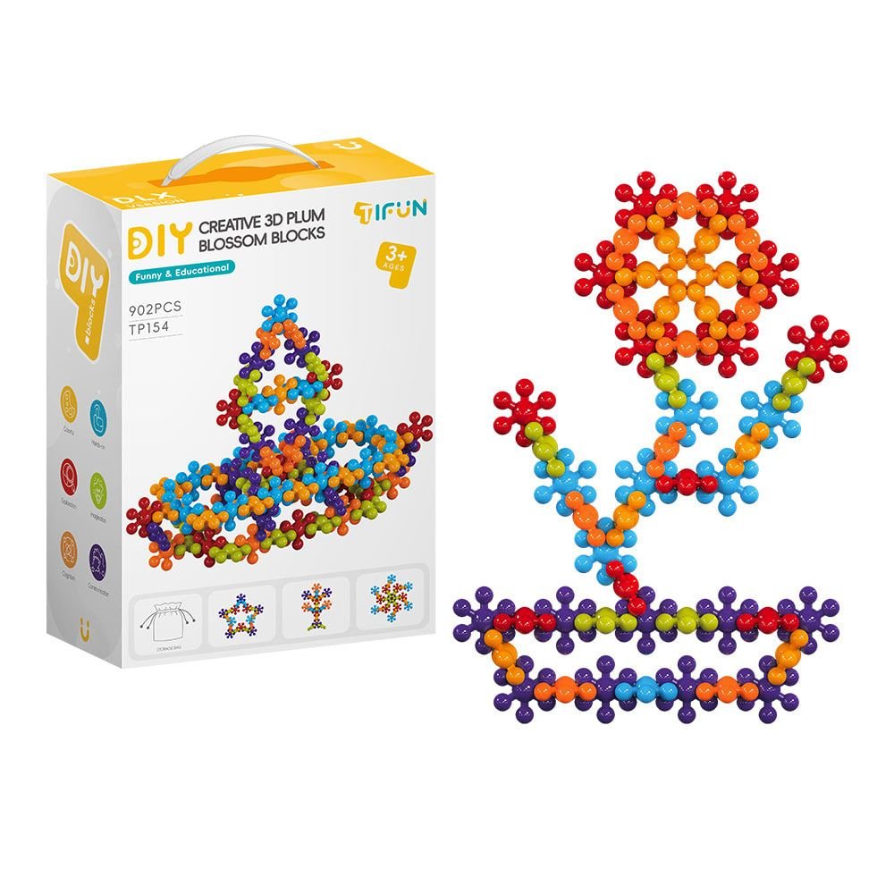 3D Plum Blossom Building Blocks for Kids – DIY Creative Puzzle Toy for Ages 3+ with 112, 302, or 902 Pieces, Safe Plastic, Reusable Storage Bag, and Idea Guide for Endless Fun (112