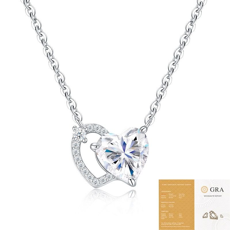Elegant Dual Heart Moissanite Pendant Necklace in Sterling Silver, Featuring a Sparkling 8x8mm Eight Hearts and Arrows Cut Center Stone, with 14 Genuine Moissanite Gems, Adjustable