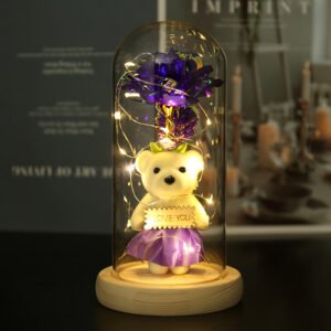 Enchanted Rose & Teddy Bear in Glass Dome with LED Lights