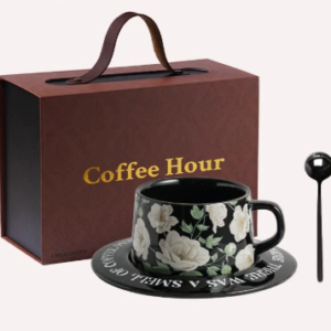 Black Camellia Elegant Ceramic Coffee Cup & Saucer Set - Couples Gift Box, Premium Wedding & Bridesmaid Favor, High-End Exquisite Design