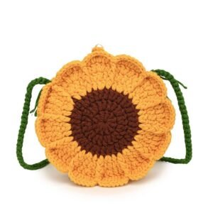 Yellow Handmade Crochet Sunflower Crossbody Bag – Cute Floral Knitted Button Bucket Purse for Women & Girls