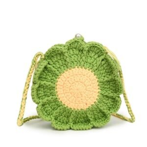 Green Handmade Crochet Sunflower Crossbody Bag – Cute Floral Knitted Button Bucket Purse for Women & Girls