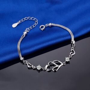 Heart-to-Heart Silver Plated Bracelet with Sparkling Rhinestones Elegant Romantic Jewelry for Women Includes Local Standard Gift Box for Special Occasions(3A White Diamond)