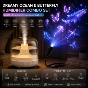 2-piece Bedroom Atmosphere Bundle –White Ultrasonic Aroma diffuser Humidifier & Dreamy Butterfly and Marine Life Series Projector Night Light for Relaxing Home Decor, Perfect Gift