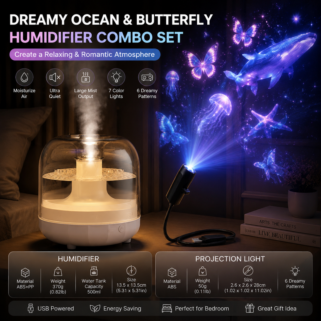 2-piece Bedroom Atmosphere Bundle –White Ultrasonic Aroma diffuser Humidifier & Dreamy Butterfly and Marine Life Series Projector Night Light for Relaxing Home Decor, Perfect Gift