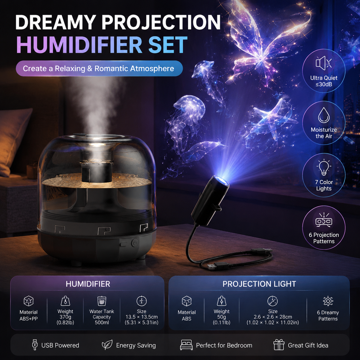 2-piece Bedroom Atmosphere Bundle –Black Ultrasonic Aroma diffuser Humidifier & Dreamy Butterfly and Marine Life Series Projector Night Light for Relaxing Home Decor, Perfect Gift