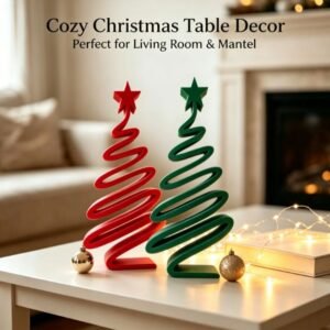 2 Piece 3D Printed Christmas Tree Decorations - Red and Green 12 cm Minimalist Spiral Tabletop Ornaments with Star Top for Home, Mantel, Desk and Holiday Decor