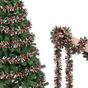 20m Red Green Silver Tinsel Garland, 10cm Thick, Cuttable Single Length