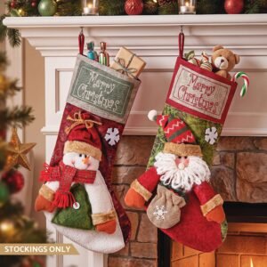 2-Pack 3D Plush Christmas Stockings, 43.5cm, Santa & Snowman Designs