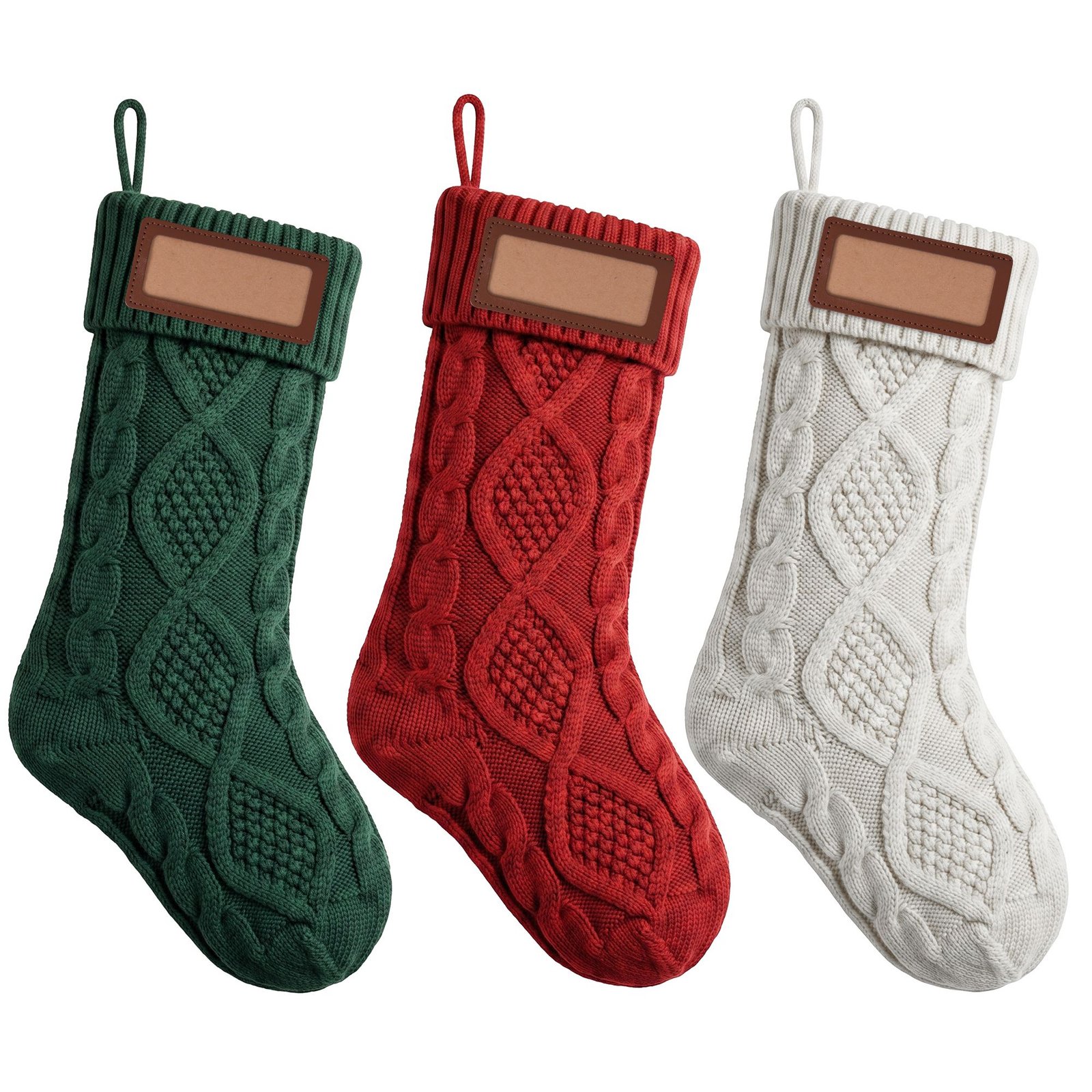 3PCS Personalized Christmas Stockings with Leather Patches 16 Inch Knitted Solid Colour Xmas Decor For Fireplace Mantel, Christmas Tree, Home Decoration & Holiday Party Displays - Image 2
