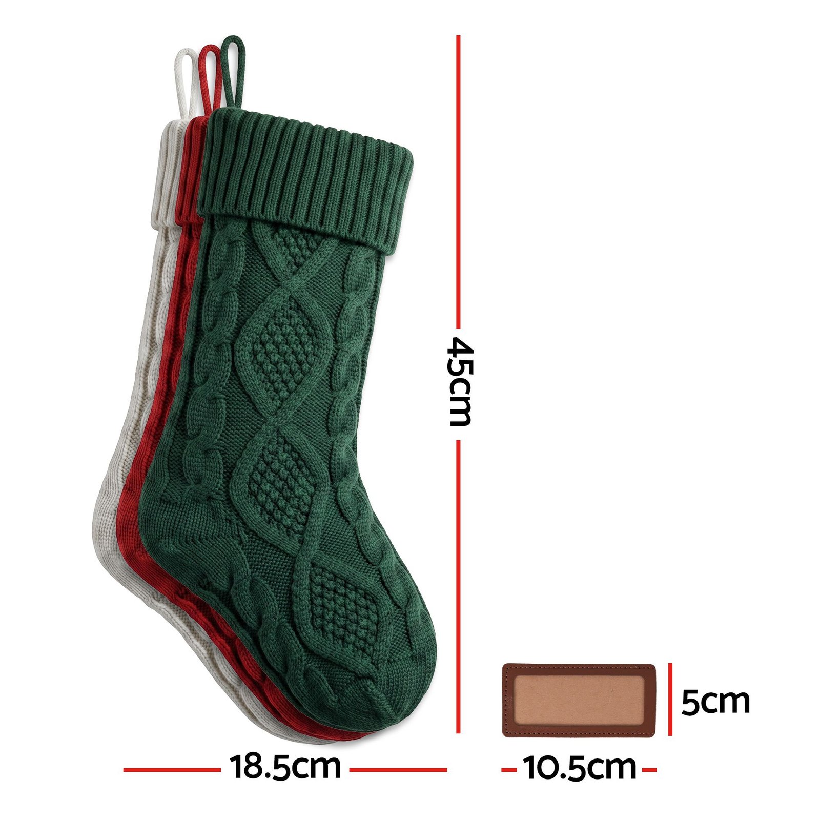 3PCS Personalized Christmas Stockings with Leather Patches 16 Inch Knitted Solid Colour Xmas Decor For Fireplace Mantel, Christmas Tree, Home Decoration & Holiday Party Displays - Image 3