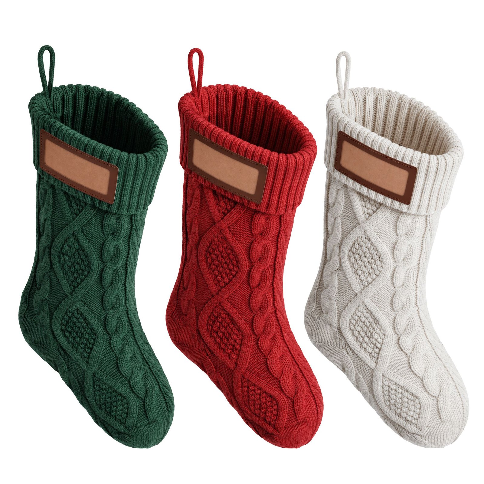3PCS Personalized Christmas Stockings with Leather Patches 16 Inch Knitted Solid Colour Xmas Decor For Fireplace Mantel, Christmas Tree, Home Decoration & Holiday Party Displays - Image 4