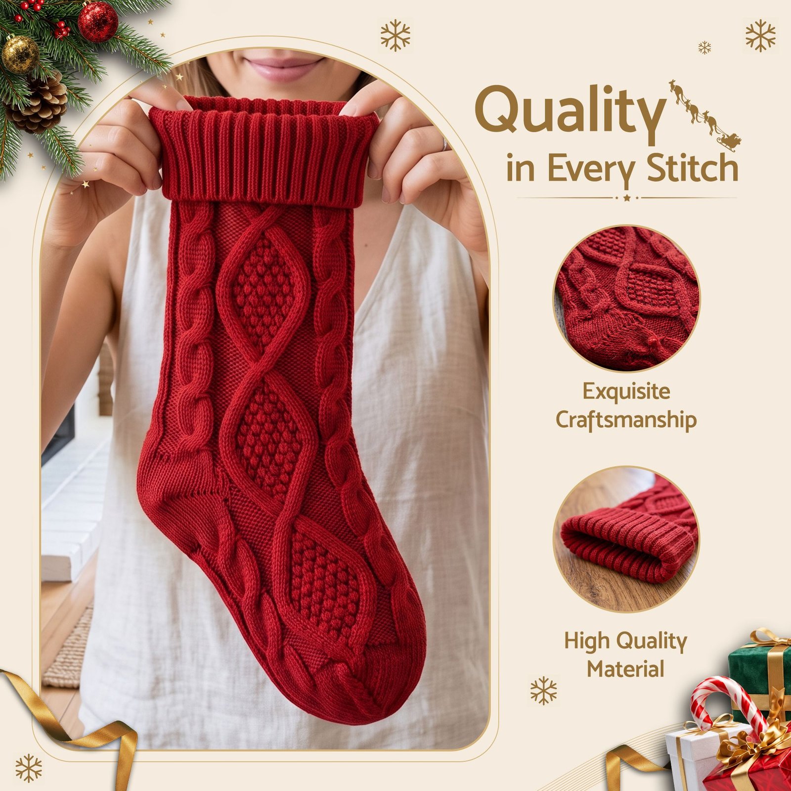 3PCS Personalized Christmas Stockings with Leather Patches 16 Inch Knitted Solid Colour Xmas Decor For Fireplace Mantel, Christmas Tree, Home Decoration & Holiday Party Displays - Image 5