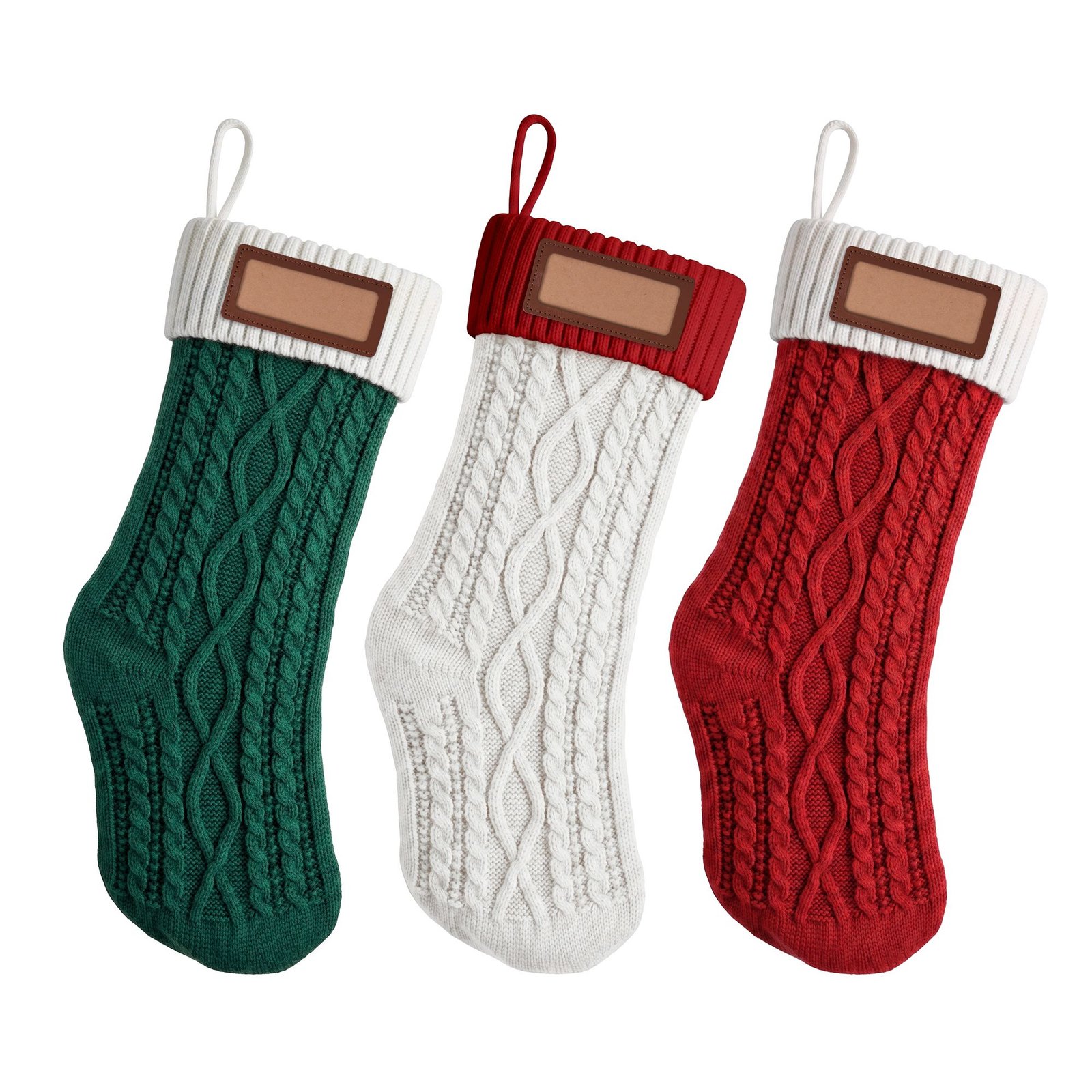 3PCS Personalized Christmas Stockings with Leather Patches, 16 Inch Knitted Contrast Colour Xmas Hanging Decor For Fireplace Mantel, Christmas Tree, Home Decoration & Holiday Party Displays - Image 2