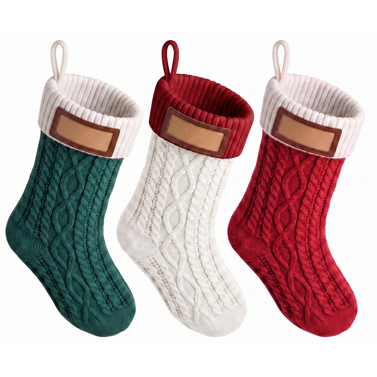 3PCS Personalized Christmas Stockings with Leather Patches, 16 Inch Knitted Contrast Colour Xmas Hanging Decor For Fireplace Mantel, Christmas Tree, Home Decoration & Holiday Party Displays - Image 4