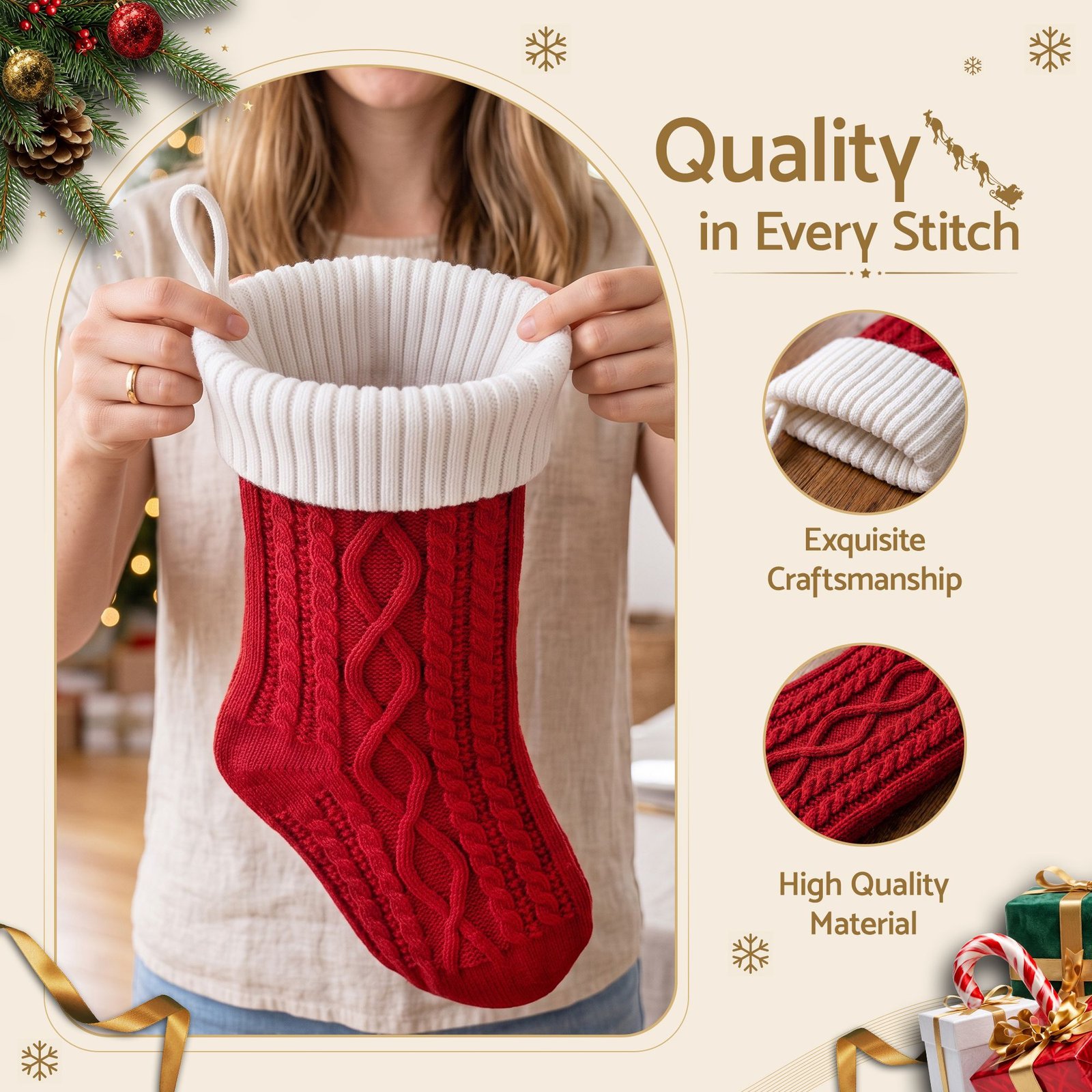 3PCS Personalized Christmas Stockings with Leather Patches, 16 Inch Knitted Contrast Colour Xmas Hanging Decor For Fireplace Mantel, Christmas Tree, Home Decoration & Holiday Party Displays - Image 5