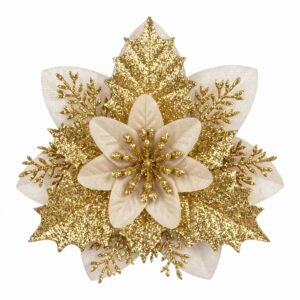 10-Pack Gold Glitter Christmas Tree Poinsettias with Clips & Stems