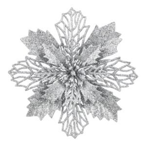 20-Pack Silver Glitter Christmas Tree Poinsettias with Clips & Stems