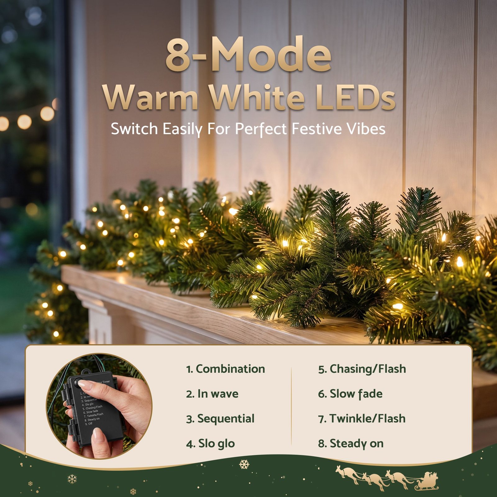 2.7M Christmas Garland 8 Mode LED Lights Timing 200Tips Xmas Decor - Image 4
