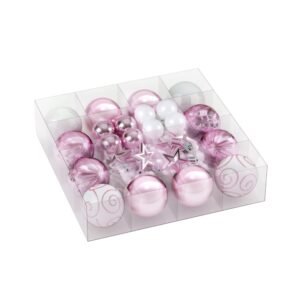 33-Piece Pink & White Christmas Bauble Set, Shatterproof, 24 Baubles