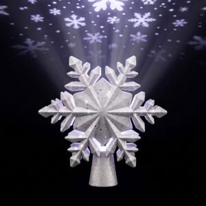 Silver Snowflake Tree Topper with 360° Rotating Ceiling Projector, 5m Lead