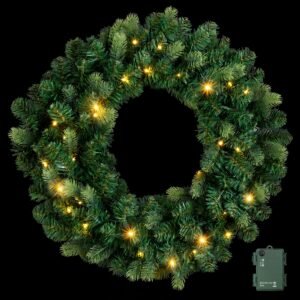 60cm Pre-Lit Christmas Wreath, 35 Warm White LEDs, Battery Timer