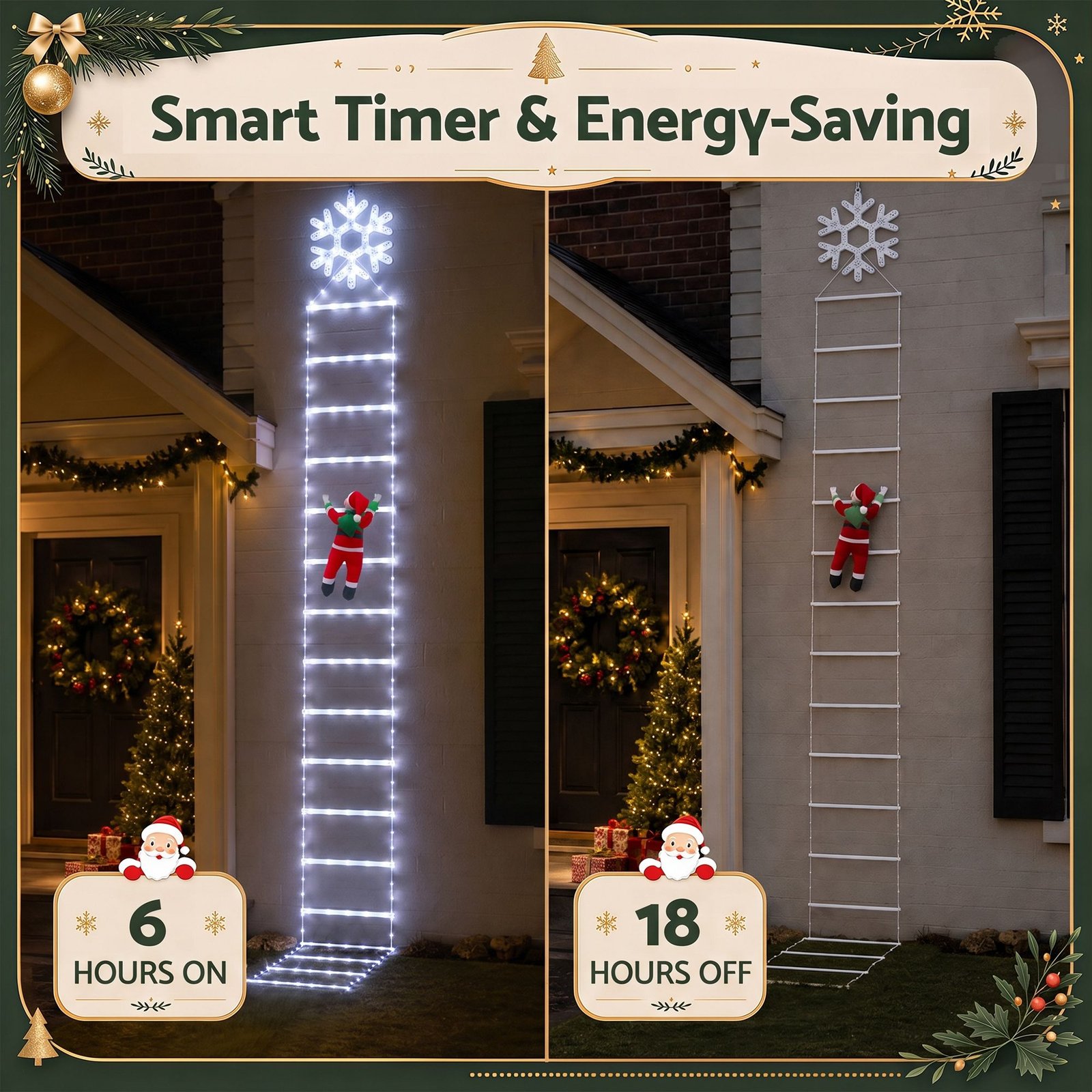 3.4m Christmas Ladder Lights with Climbing Santa, 328 Cool White LEDs - Image 3
