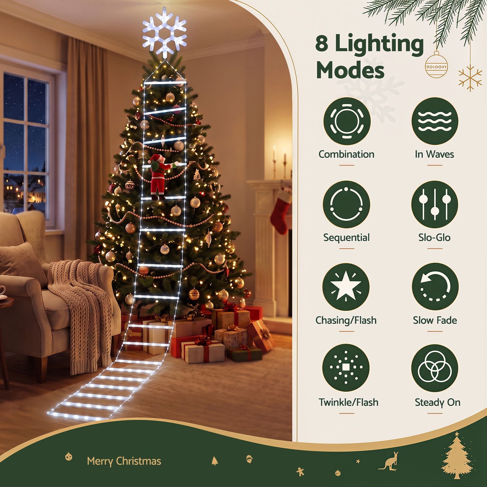 3.4m Christmas Ladder Lights with Climbing Santa, 328 Cool White LEDs - Image 4