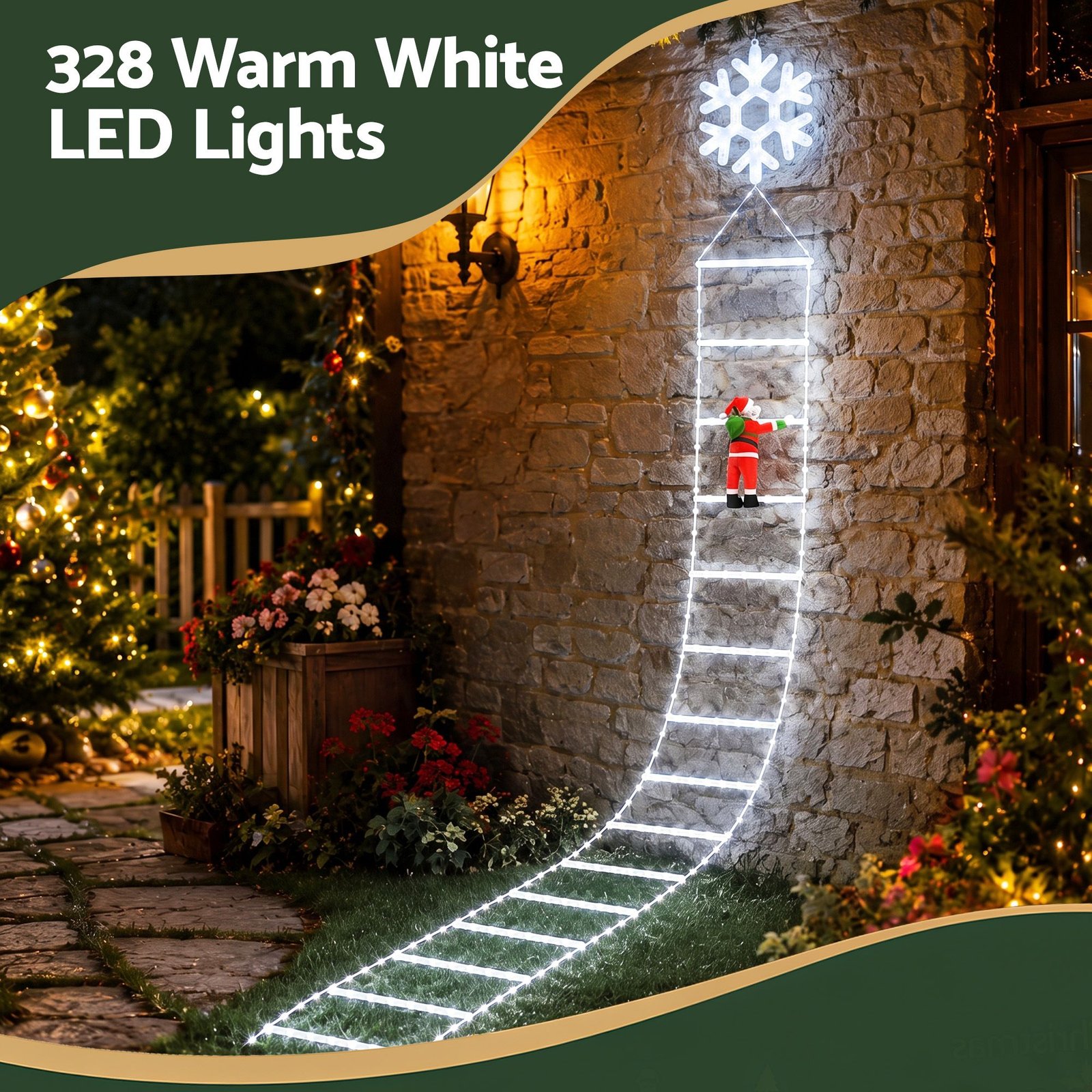 3.4m Christmas Ladder Lights with Climbing Santa, 328 Cool White LEDs - Image 6