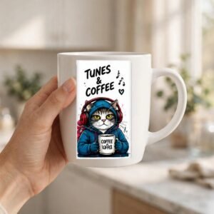 Tunes And Coffee Cat Coffee Mug